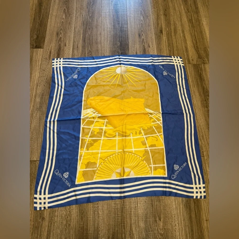 Vintage Queen Victoria Blue Yellow Silk Scarf
